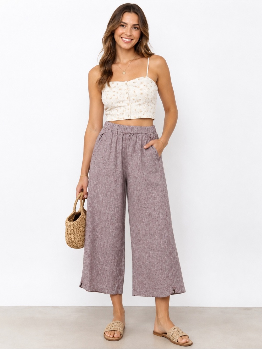 Cynthia Rowley 100% Linen Cropped Pants Size 6 Plum Pull-On Elastic Waist